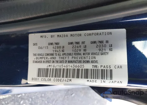 2016 Mazda Mazda6 I Sport из США, поврежденный, VIN JM1GJ1U54G1436605